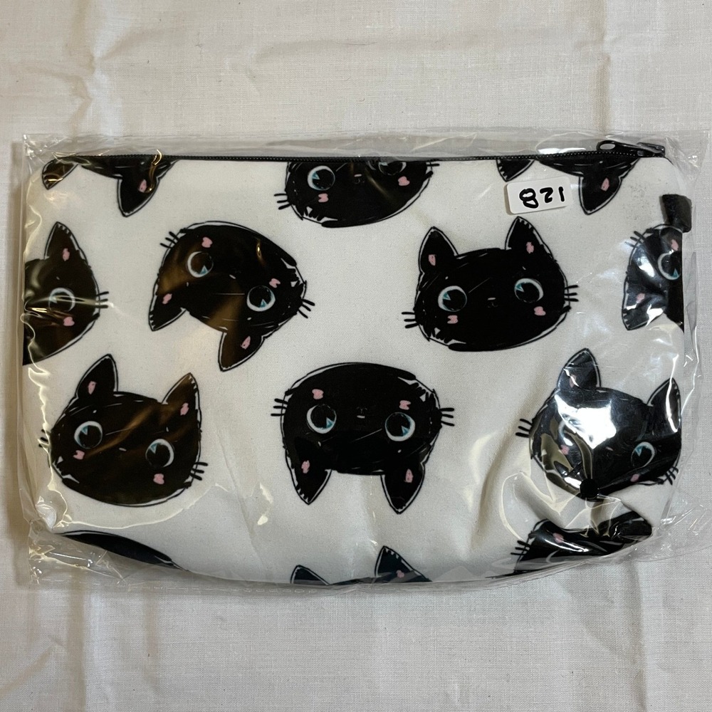 The Pouch Cosmetic Bag Womens OS White Black NWT Kitten Print Zippered Travel